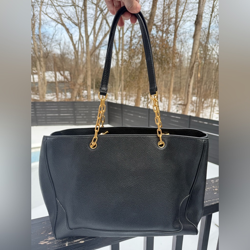 Tory Burch Marsden Black Pebbled Leather Tote Gold Chain Shoulder Bag - Picture 2 of 6